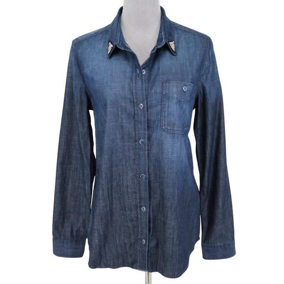 7 For All Mankind Top Womens Medium Blue Cotton Denim Rhinestone Collar Blouse - Picture 1 of 16